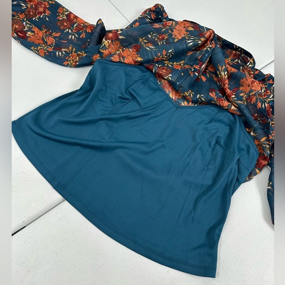 NWT Frye Floral Sheer Lurex Long Sleeve Split V-Neck Blouse - Picture 7 of 10